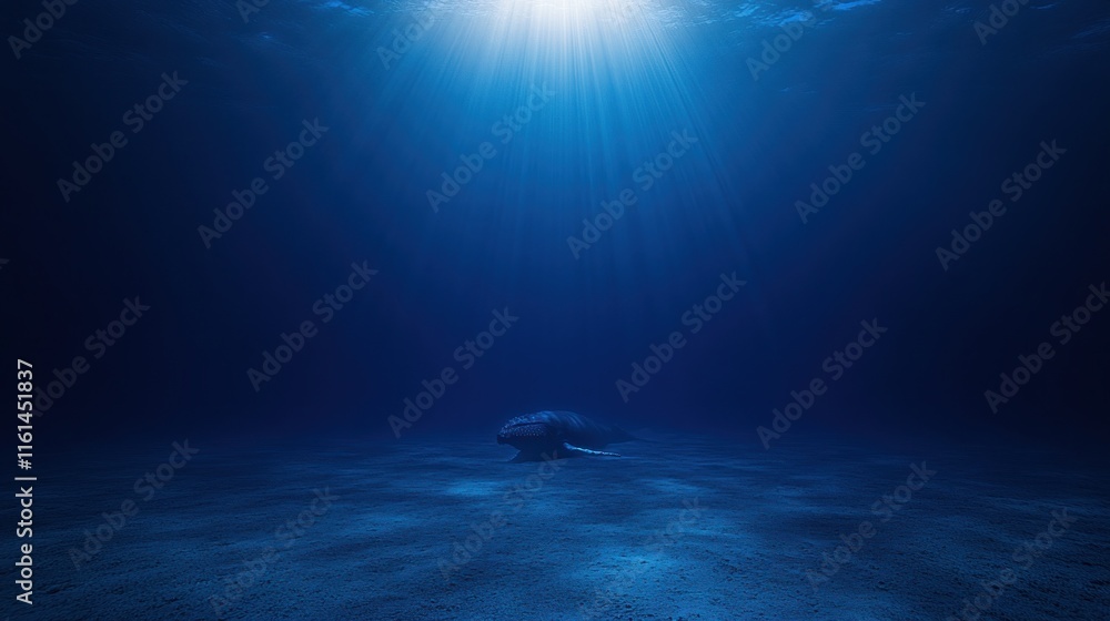Solitary manatee resting on the ocean floor, sunlight beams penetrating the deep blue water. Solitary manatee resting on the ocean floor, sunlight beams penetrating the deep blue water.