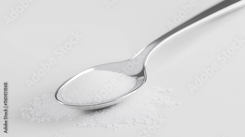 Spoon filled with white crystalline powder, some spilled. photo