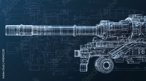 Photorealistic blueprint of a tanks gun assembly, focusing on the barrel, recoil system, and turret mechanism, with fine technical detail. Reverberate. Illustration