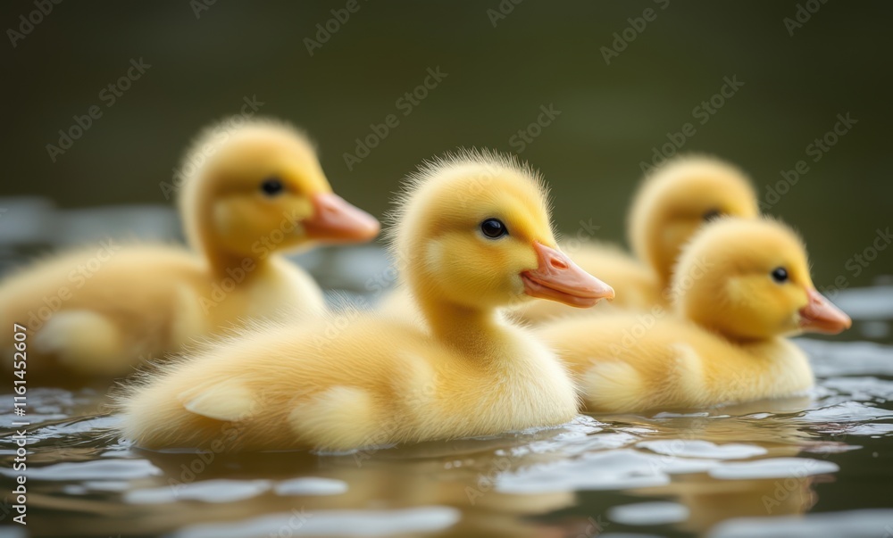 Four cute yellow ducklings swimming together Four cute yellow ducklings swimming together