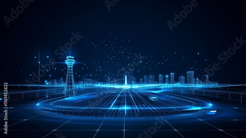 Digital airplane on a runway with control tower buildings and bus Low poly airport wireframe concept with dots and stars on dark blue