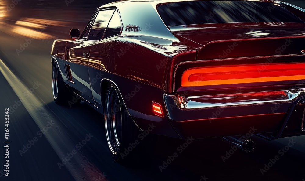 Naklejka premium Dynamic Speed and Power: A Stunning Vintage Muscle Car Captured in Motion on a City Street