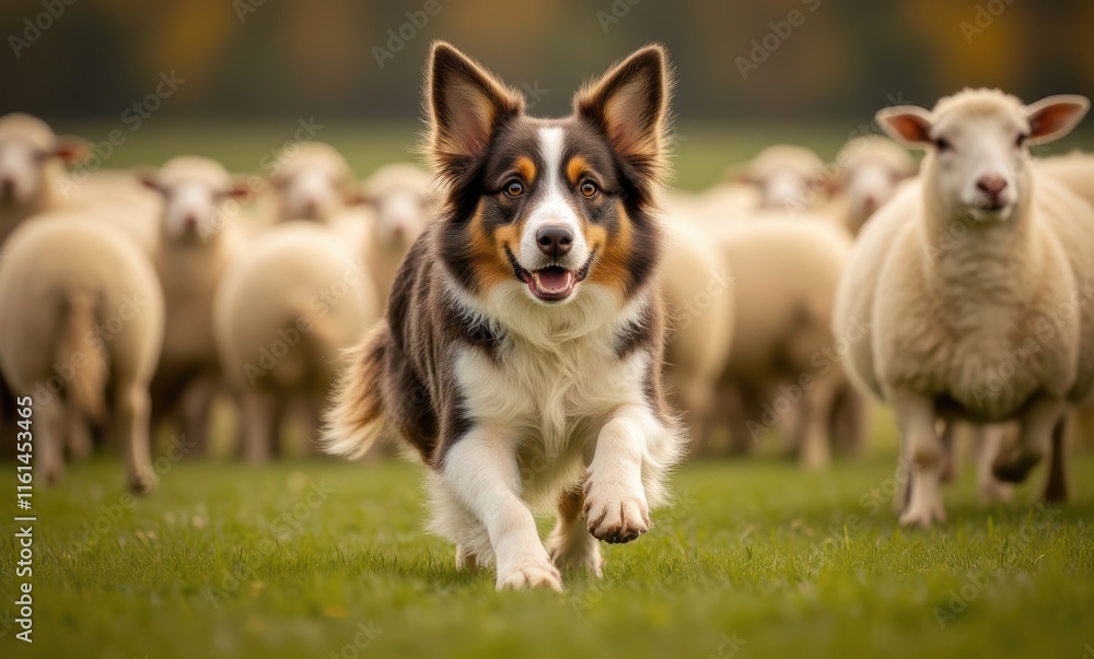 Dog herding sheep in a lush green field Dog herding sheep in a lush green field