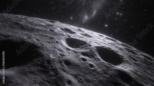 Ethereal Moonscape, Barren Craters Lit by a Swirling Nebula, Hyperdetailed Lunar Surface photo