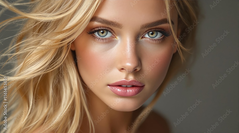 Obraz premium Close up portrait of young woman with long blonde hair and captivating blue eyes radiant complexion and subtle makeup enhance natural beauty