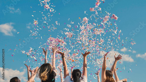 Friends celebrating joyfully outdoors, throwing colorful confetti under a blue sky. Arms raised in excitement, surrounded by a cheerful atmosphere