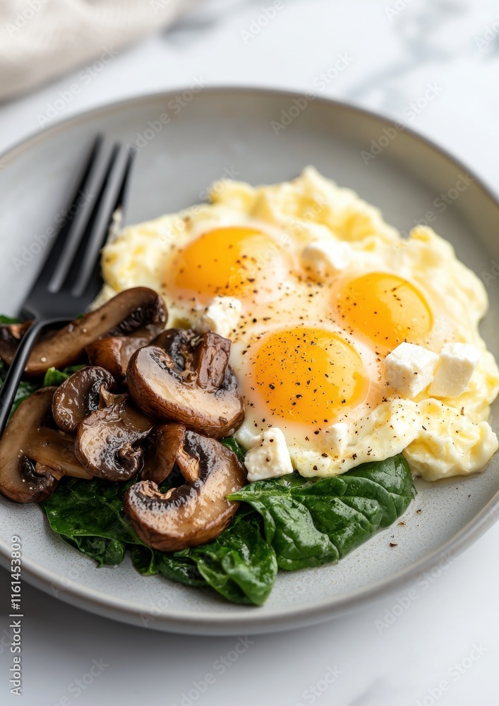 A plate of eggs, mushrooms, and spinach is served on a white table A plate of eggs, mushrooms, and spinach is served on a white table