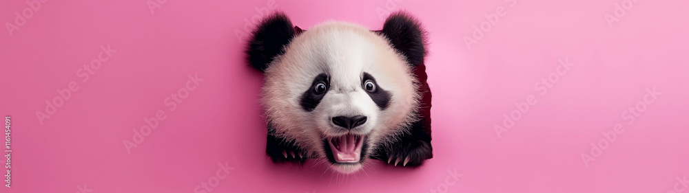 Naklejka premium Surprised panda face breaking through pink background with playful expression. Copy space. Generative AI 