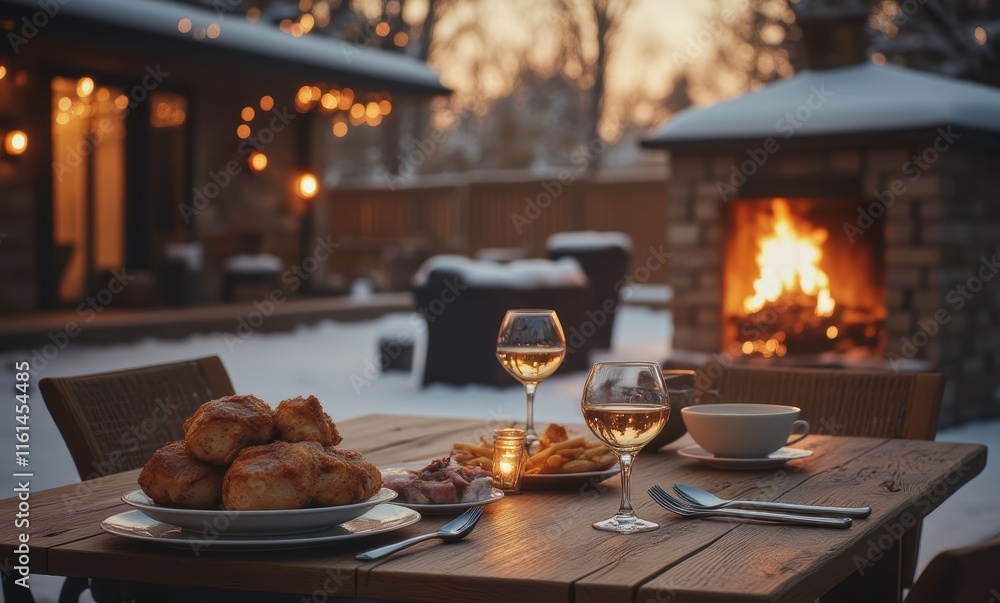 Cozy winter dinner on a snowy patio Cozy winter dinner on a snowy patio