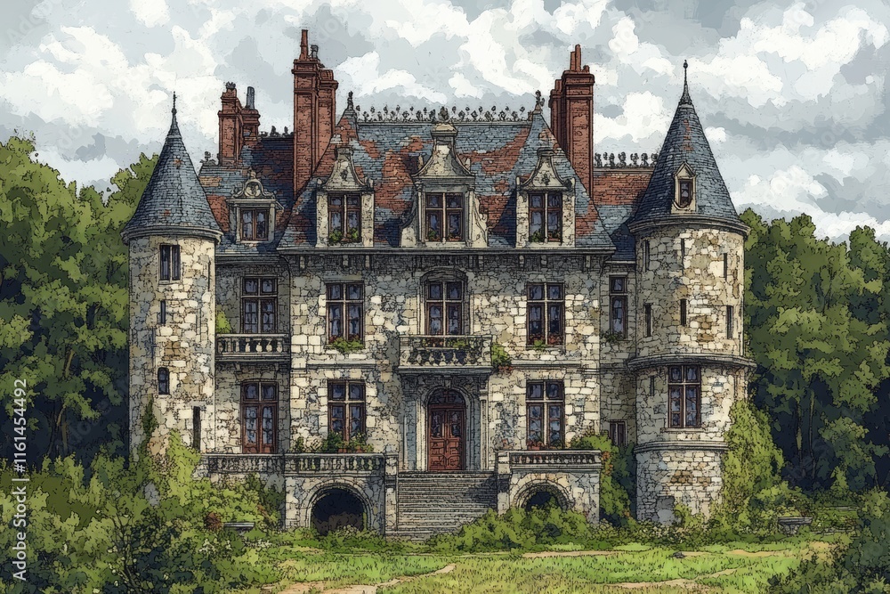 Majestic Historic Castle with Stone Facade, Intricate Towers, and Lush Greenery Surrounding the Grandeur in a Picturesque Landscape Setting Majestic Historic Castle with Stone Facade, Intricate Towers, and Lush Greenery Surrounding the Grandeur in a Picturesque Landscape Setting