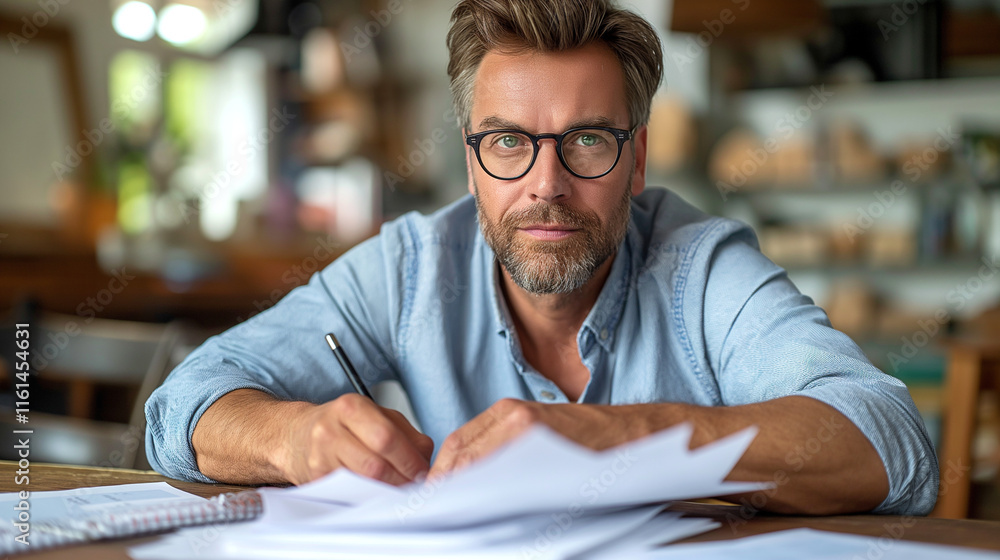 Focused professional man writing at a desk in a cozy home office Focused professional man writing at a desk in a cozy home office