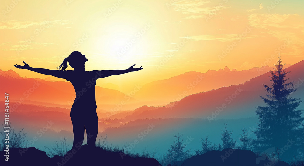 Silhouette of a Woman on a Mountain. Silhouette of a woman with open arms on a mountain top at sunset. Inspirational and empowering moment of freedom and nature. Silhouette of a Woman on a Mountain. Silhouette of a woman with open arms on a mountain top at sunset. Inspirational and empowering moment of freedom and nature.