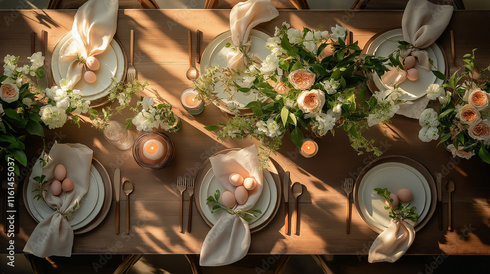 Fototapeta premium Elegant Easter brunch table setting with pastel colors and floral arrangements.