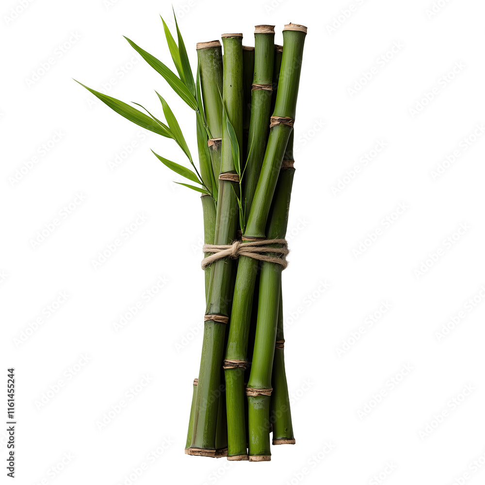Obraz premium bundle of bamboo branch with green leaves tied together isolated on a transparent background