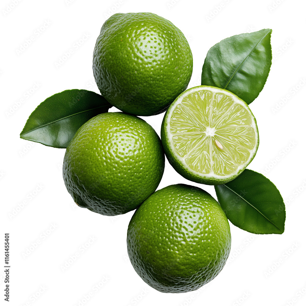 set of fresh lime with leaves isolated on a transparent background set of fresh lime with leaves isolated on a transparent background