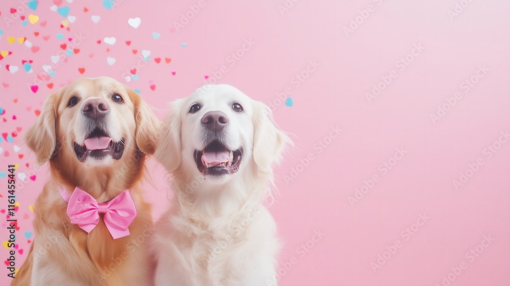 Valentines Day card two retrievers one wearing a pink bow on a pastel pink background, heart confetti Valentines Day card two retrievers one wearing a pink bow on a pastel pink background, heart confetti
