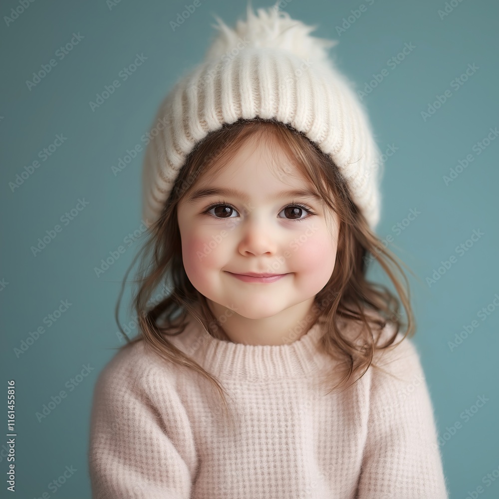 Child with long hair in a white knitted hat and pink sweater on a turquoise background Child with long hair in a white knitted hat and pink sweater on a turquoise background