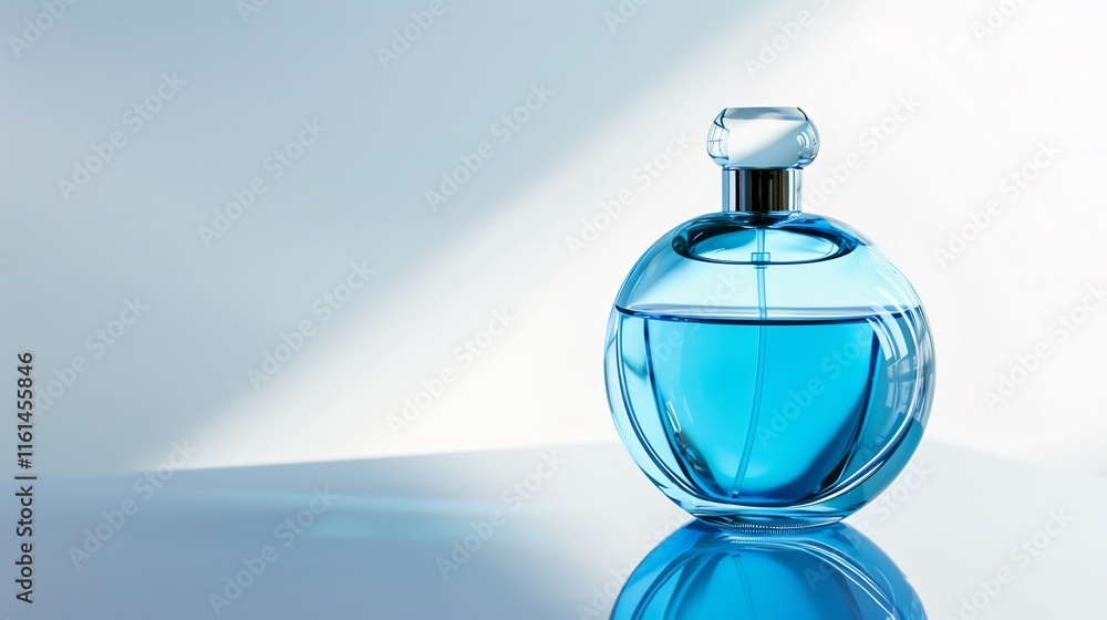 Sophisticated blue perfume bottle with a minimalistic design on a bright white background Sophisticated blue perfume bottle with a minimalistic design on a bright white background