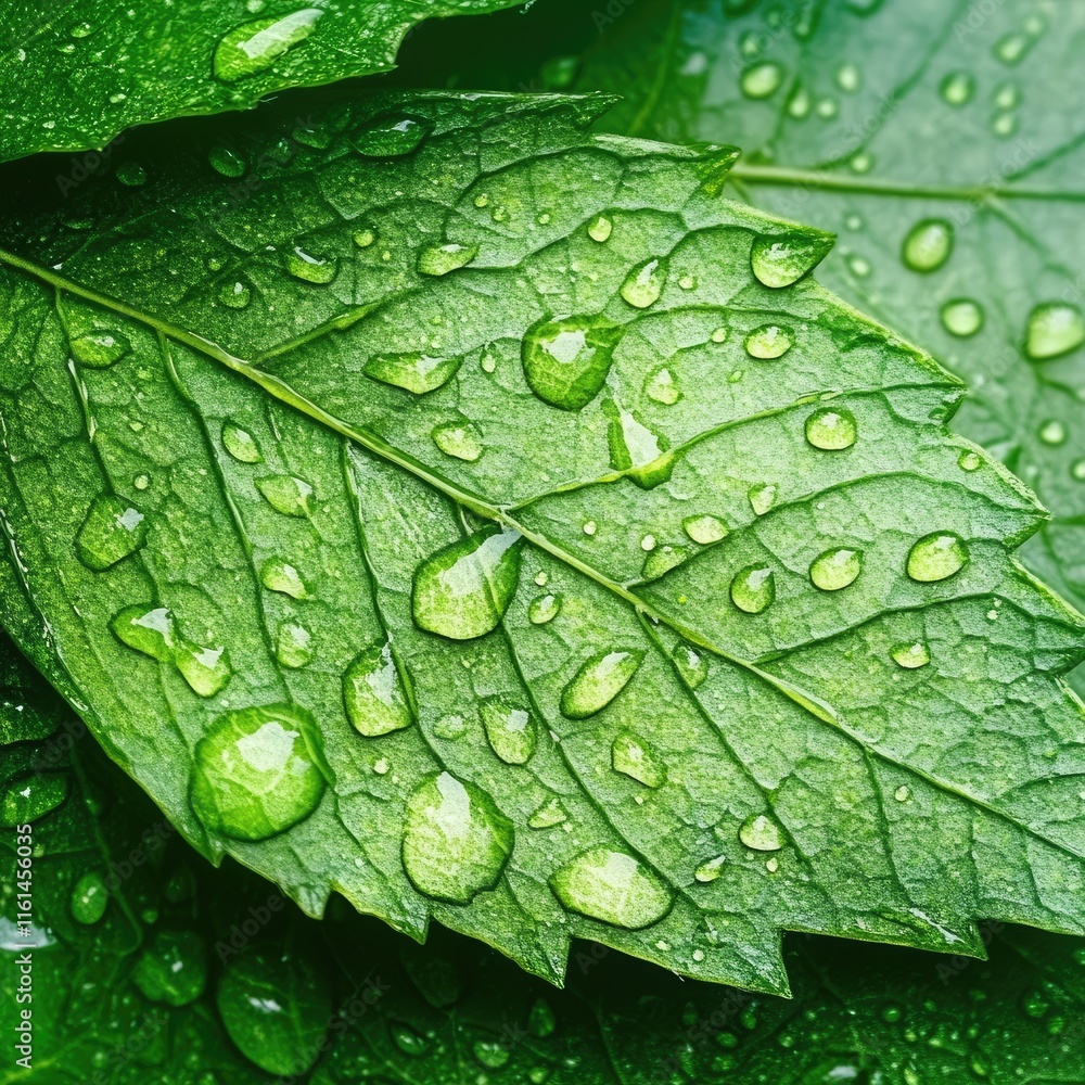 A leaf with water droplets on it A leaf with water droplets on it