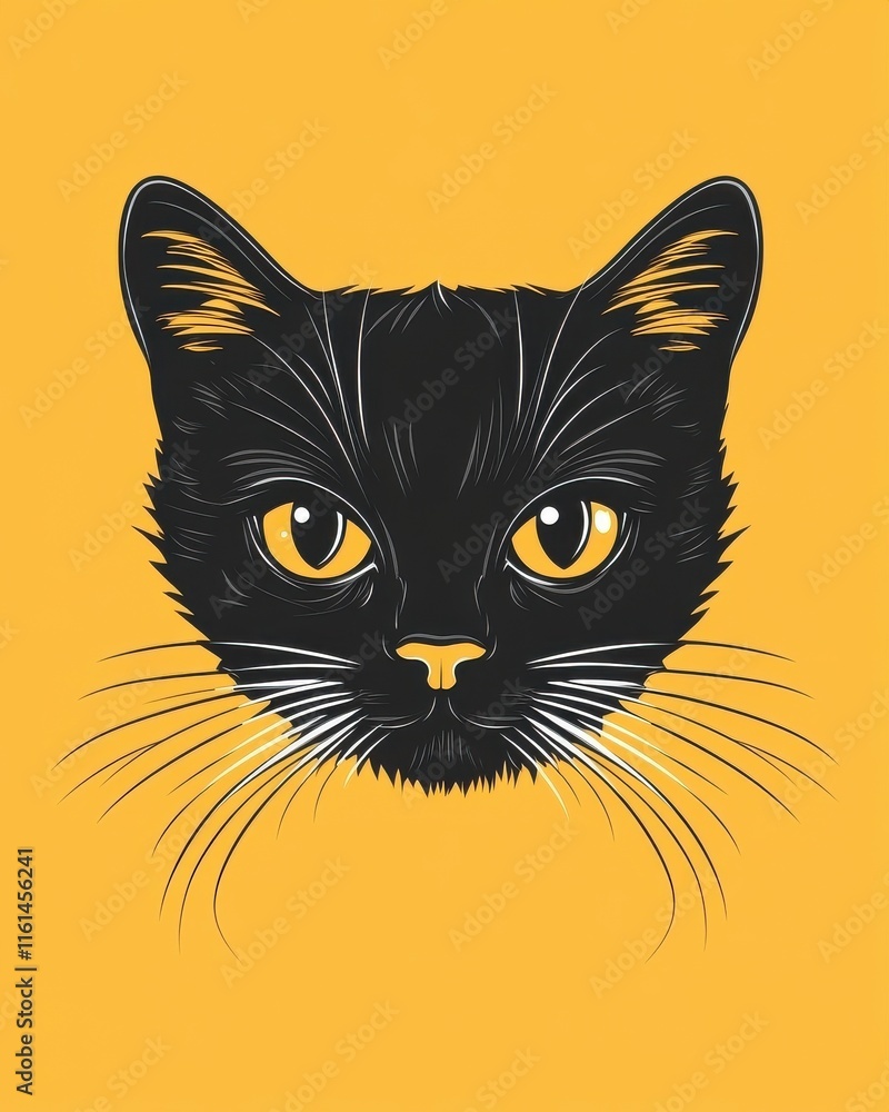 A striking illustration of a black cat's face with vibrant yellow eyes against a warm yellow background. A striking illustration of a black cat's face with vibrant yellow eyes against a warm yellow background.