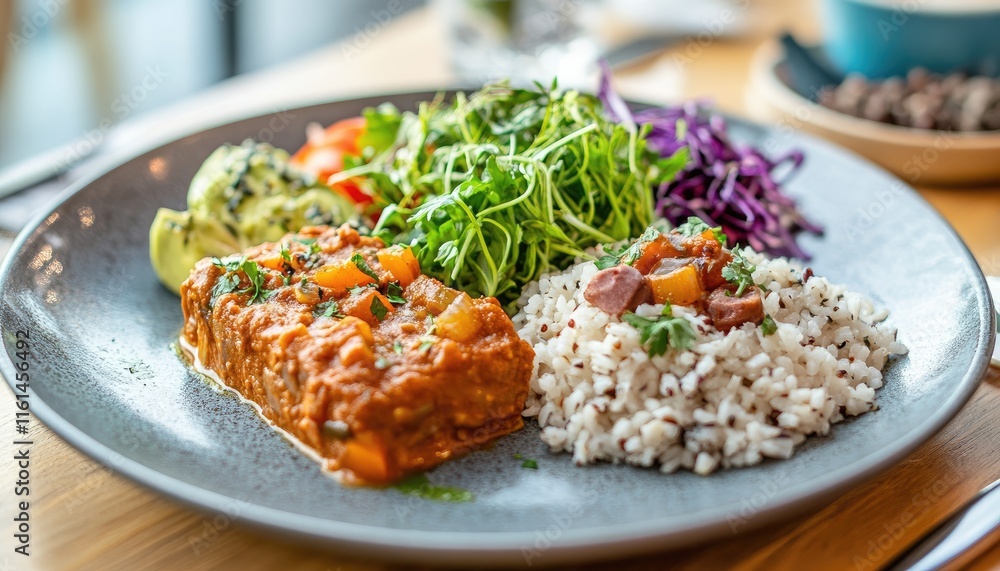 A colorful plate featuring rice, vegetables, and a savory dish, showcasing a healthy meal.