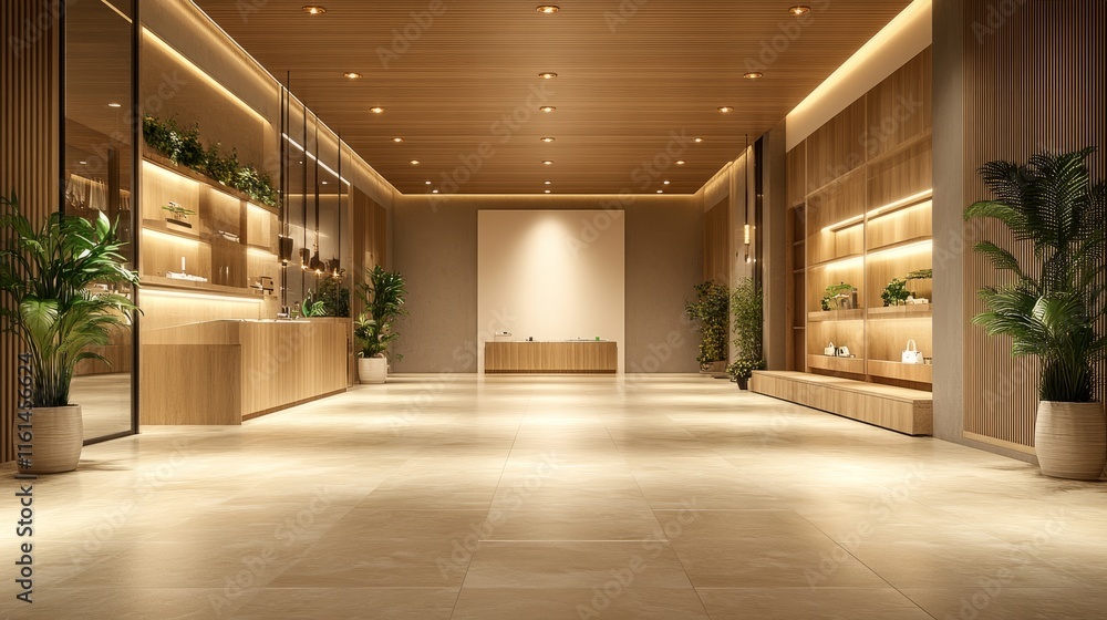 Modern Minimalist Interior Design of a Spacious Lobby with Natural Light and Soft Glow Modern Minimalist Interior Design of a Spacious Lobby with Natural Light and Soft Glow