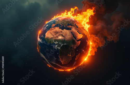Earth globe on fire with wildfire fire in climate change, the earth is on fire