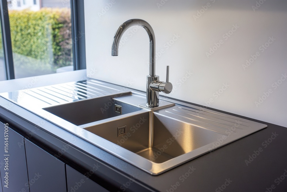 Modern stainless steel kitchen sink with sleek faucet and minimalist design, perfect for contemporary kitchens. Modern stainless steel kitchen sink with sleek faucet and minimalist design, perfect for contemporary kitchens.