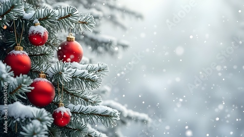 Wallpaper Mural Snow Covered Fir Branch with Red Christmas Ornaments, Festive Holiday Design Template Torontodigital.ca