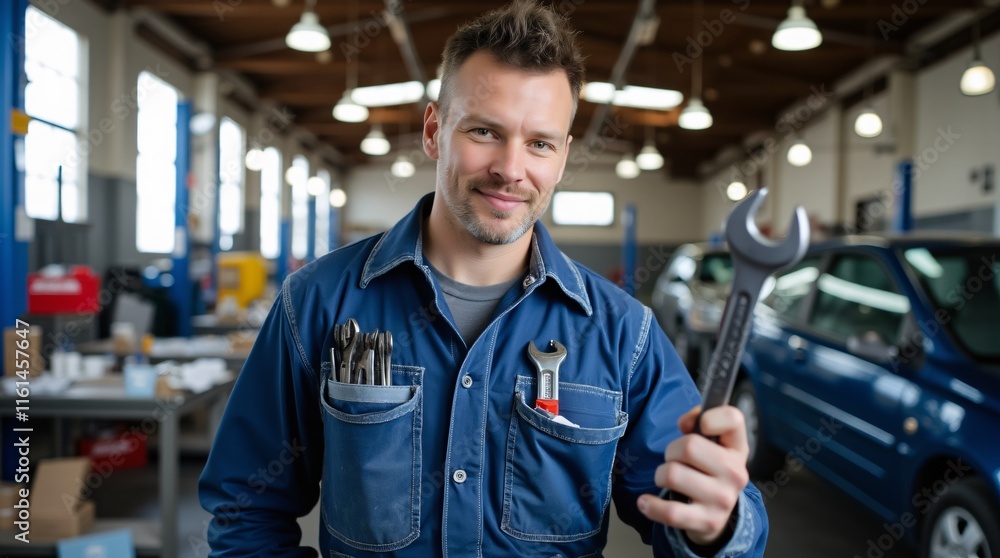 Bearded Mechanic Holding Wrench in Workshop Bearded Mechanic Holding Wrench in Workshop