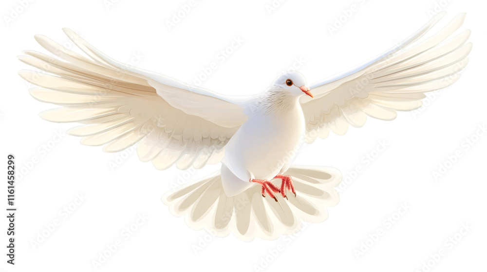 Fototapeta premium White dove soaring, spreading feathered wings, representing peace and spiritual freedom against transparent backdrop