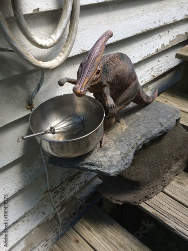toy dinosaur drinking out of a mixing bowl with whisk on rocks