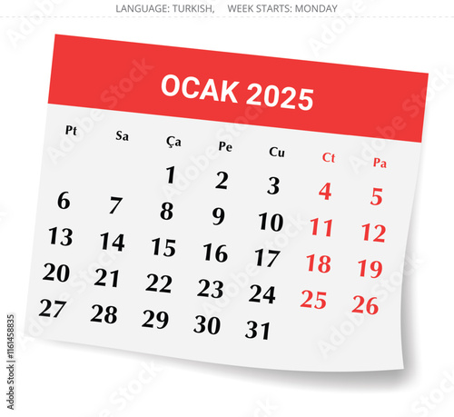 Turkish calendar for January 2025 - takvim ocak. Vector illustration for winter month for Turkey
