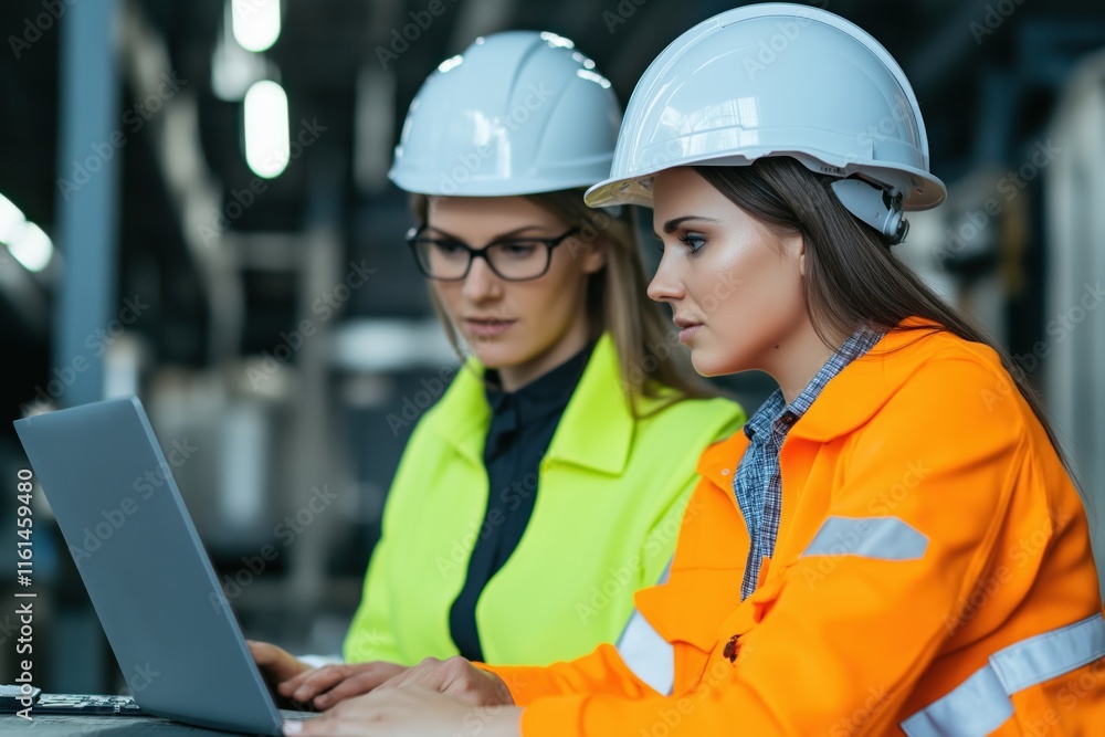 Two women wearing safety gear and looking at a laptop. One of them is wearing a yellow jacket Two women wearing safety gear and looking at a laptop. One of them is wearing a yellow jacket