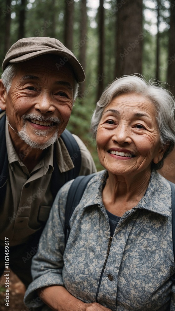 Happy senior hikers smiling in redwood forest Happy senior hikers smiling in redwood forest