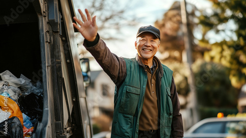 Friendly waste collector greets community while collecting trash on a sunny morning in the neighborhood photo