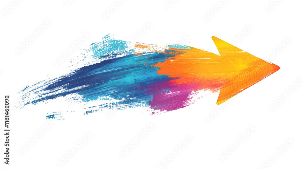 Fototapeta premium Blue, orange, magenta brush strokes forming directional arrow pointing right against transparent background