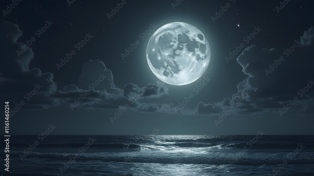 Dramatic Nighttime Ocean Scene, Glowing Full Moon Over Serene Waves and Starry Sky - Monochromatic Mystical Atmosphere