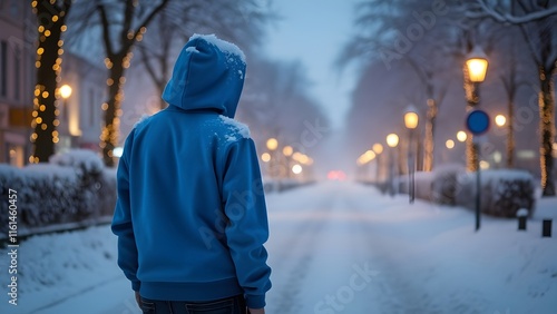 Wallpaper Mural Snowy Dortmund Street Scene, Lone Figure in Blue Hoodie, Winter Wonderland with City Lights Torontodigital.ca