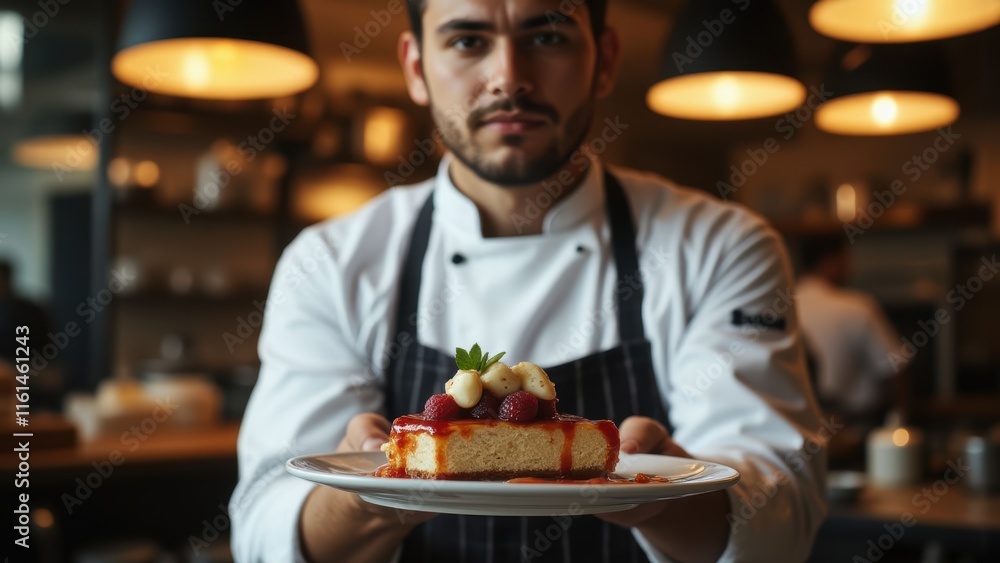 Male chef serving dessert in cafe Male chef serving dessert in cafe
