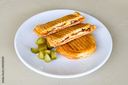 Turkish karisik atom kare  tost ( kasarli bazlama tost) . Sucuklu, Kasarli,  cheddarli, kavurmali karisik tost. Flat baked bread toasted. Karisik bazlama tost . photo