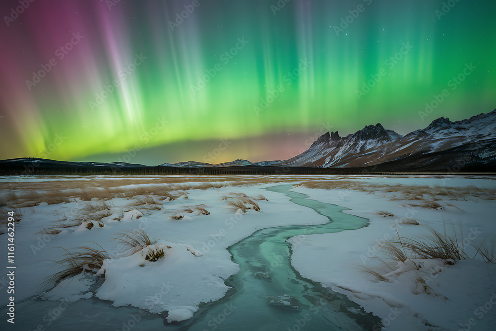 Naklejka premium Expansive Tundra with Northern Lights Reflecting on Snowy Landscape, Aurora Borealis in Vibrant Green, Purple, and Pink Waves Over Frozen Stream and Distant Peaks
