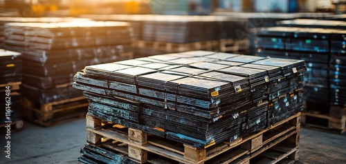 Bilco-Style Solar Panels Stacked on Pallets with Some Panels

 photo