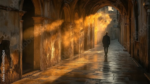 Man walking alone in a sunlit, ancient alleyway.