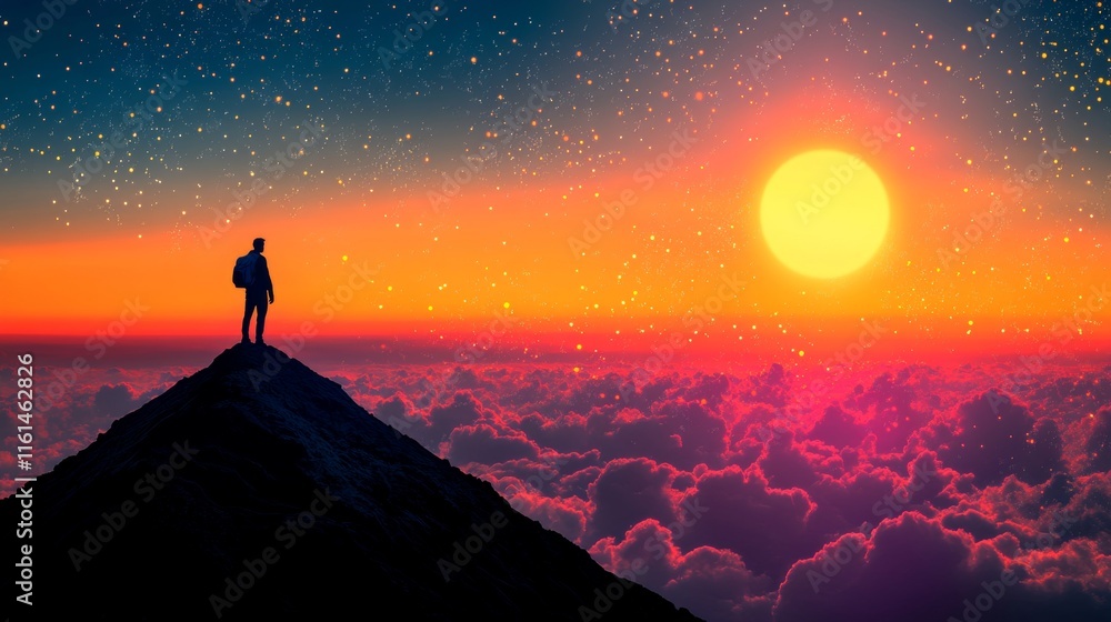 Silhouette Of Man On Mountain Peak Above Vibrant Clouds, Symbolizing Achievement And Success. Silhouette Of Man On Mountain Peak Above Vibrant Clouds, Symbolizing Achievement And Success.