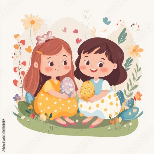 Cute little girls with Easter theme. Happy Easter vector. photo