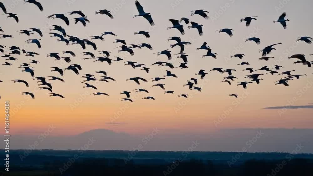 Flocks of Birds Soar Through a Vibrant Sunset Sky Over a Serene Landscape Flocks of Birds Soar Through a Vibrant Sunset Sky Over a Serene Landscape
