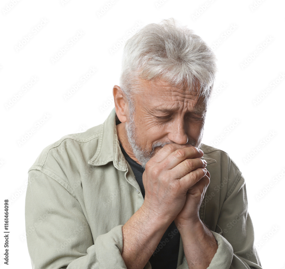 Sad senior man crying on white background Sad senior man crying on white background