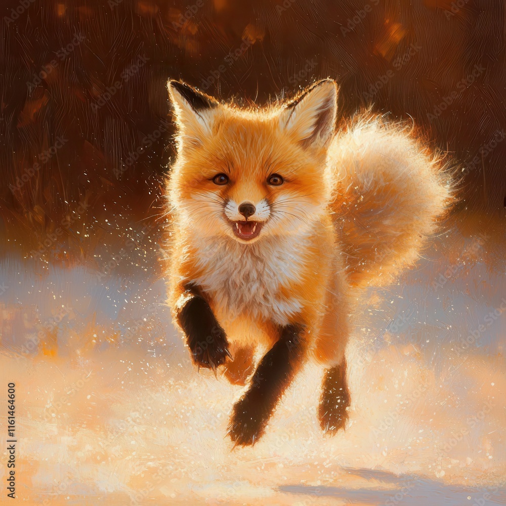 Obraz premium Playful fox kit chasing its tail under warm twilight in a serene natural setting