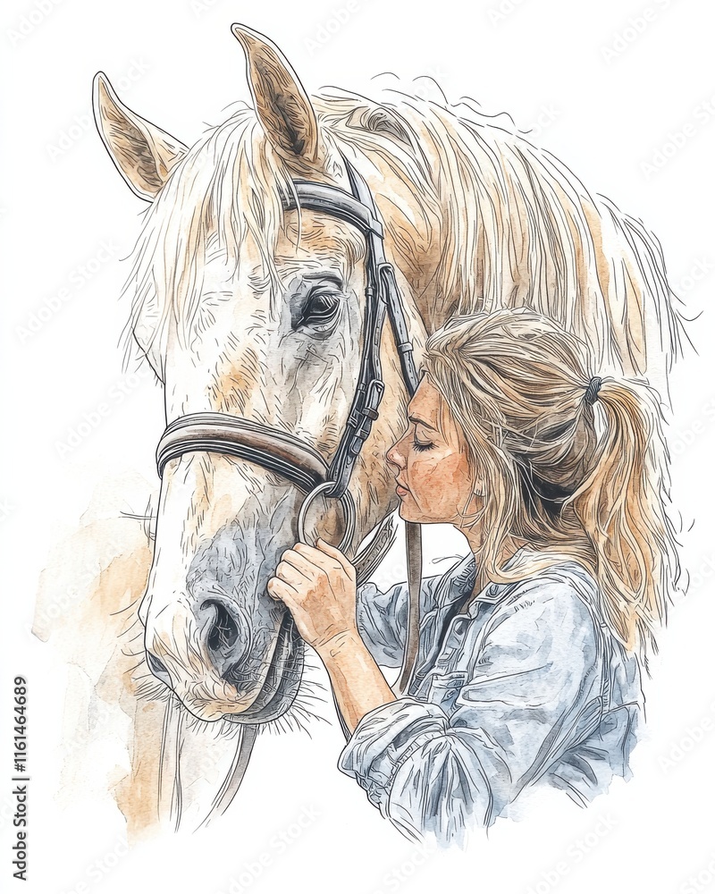 Fototapeta premium Equine therapy session patient grooming horse stable illustrated artwork warm atmosphere close-up healing concepts